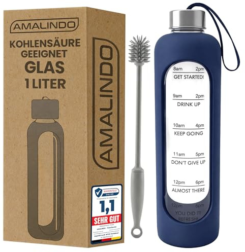 Amalindo Borraccia in vetro da 1 l, adatta agli acidi gassati, con spazzola e custodia in silicone, colore: blu navy