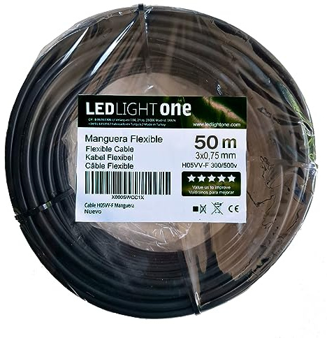 Led Light One Kabel H05VV-F 3 x 0,75 mm 50 m Schlauch (schwarz) Betriebsspannung: 500 V Maximale Betriebstemperatur 70 ºC. Kabel für feste und mobile Installationen in Wohn- und Geschäftsräumen.