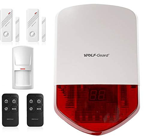 Wolf Guard LB-01A 110dB Standalone Siren Basic Security Burglar Alarm System for Cabin/Carport/Build Site/Shed/Porch,come with Key Fob Remotes and Motion Detector