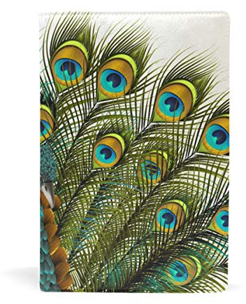 EZIOLY dehnbarer Buchumschlag mit Pfauenfedern, passend für die meisten Hardcover-Lehrbücher bis 22,6 x 14,5 cm, klebstofffreier Stoff für Schulbücher Einfach anzubringen. Wash & Re-Use