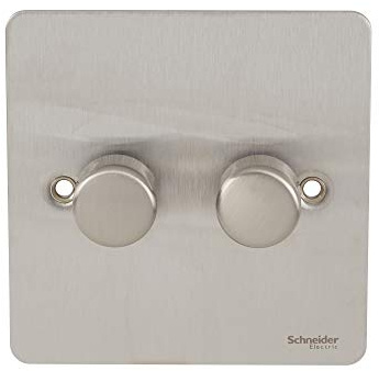 Schneider Electric Ultimate Flat Plate - Double 2 Way Dimmer Light Switch, Main & Low Voltage, 250W/VA, GU6222CSS, Stainless Steel