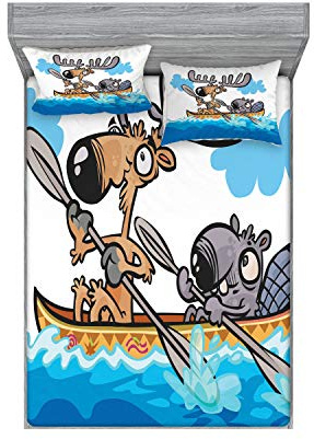 Ambesonne Moose Fitted Sheet & Pillow Sham Set, American Animals Boat Beaver Friend Canoe River Fun Native Characters Cartoon, Decorative Printed 3 Piece Bedding Decor Set, Calking, Blue White Brown