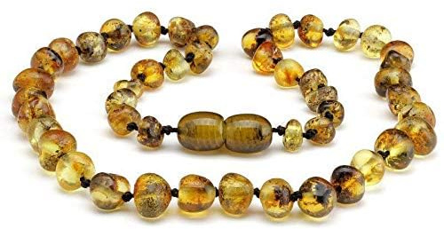 Baby J's - Light Green Amber Necklace - 100% Baltic Amber & Semi-Precious Stones - Knotted to Prevent Scattering - With Gift Pouch and Certificate of Authenticity - 32cm