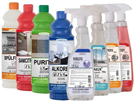 Lorito Reinigungsmittel Reiniger Set aus 1x Allzweckreiniger, 1x Spülmittel, 1x Bodenreiniger, 1x Alkoholreiniger, 2x Sanitärreiniger, 1x Fettlöser und 1x Glasreiniger