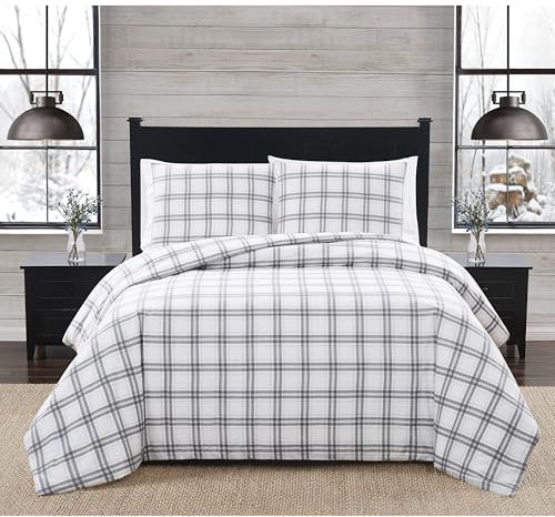 London Fog Plaid Flannel White and Grey Cotton 3-Piece King/California King Duvet Set, Plaid, 100% Cotton, for Men and Women, OEKO-TEX Certified Confidence