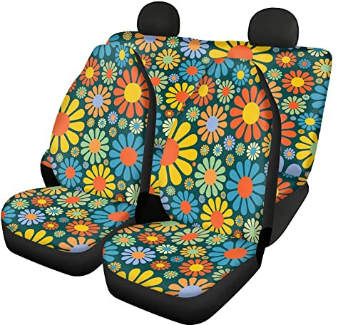 Coloranimal Autositzbezüge-Set mit abstrakten Hippie-Blumen, 3 Stück, bunte Blumenblüten, Auto-Vordersitzbezüge, Dekoration, Zubehör, passend für alle Fahrzeuge