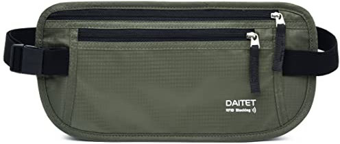 DAITET Geldgürtel – Reisepasshülle mit RFID-Blockierung, verdeckte Bauchtasche, Dunkles Olivgrün, RFID-blockiert und Gurtbreite: 2,5 cm