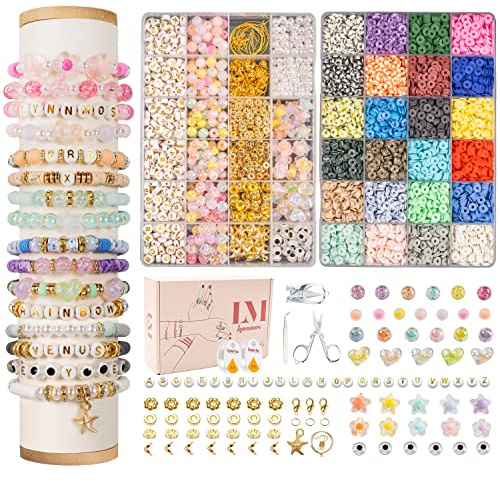 Pärlor att stränga, 8500+ bitar 6mm polymer lera set med 2 lådor DIY kit, bokstäver för smycken - armband, ringar, halsband kreativt hantverk gåva
