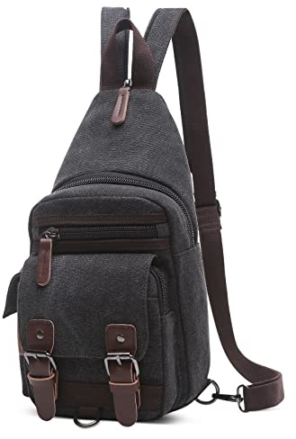 VARLIVOO Retro Slingväska för män Liten bröstväska Ryggsäck Axelväskor Crossbody-väska Skolresor Vandring Camping Cykling Utomhussport Canvas Dagsväska Slingryggsäck Svart