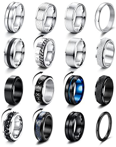LOLIAS 16 Pcs Bagues Homme Argent Noir Acier Inoxydable Finition Mat Poli Bande Chaînes Anneaux Décapsuleur Alliance Fiançailles Vintage Fidget