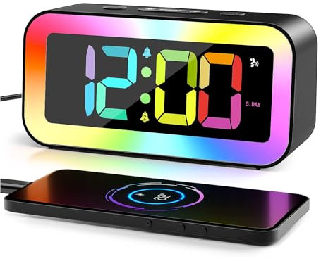 ONEWAY Digital Alarm Clock, RGB Colorful LED Clock, Alarm Clocks Bedside Mains Powered, Adjustable Brightness, Screen Always-Lit & Voice Control On/Off, 12/24h, Snooze, Weekend Mode, Power-Off Memory