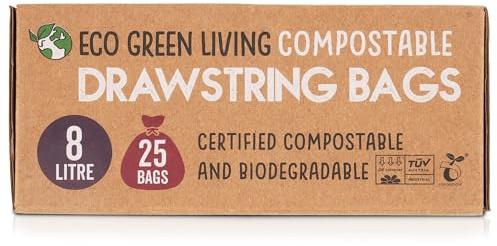 Eco Green Living 8L Compostable Bin Bags, Biodegradable, Plant-Based, Plastic-Free, Recyclable Drawstring Caddy Liners, Strong & Leak-Proof, Ideal for Office, Kitchen & Food Caddies, 25 Bags