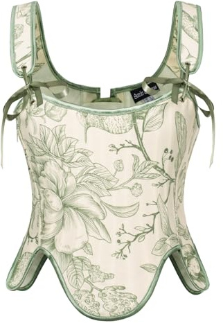 Scarlet Darkness Women Renaissance Floral Bustier Corset Top Victorian Bodice Bodyshape Green Floral Size 16
