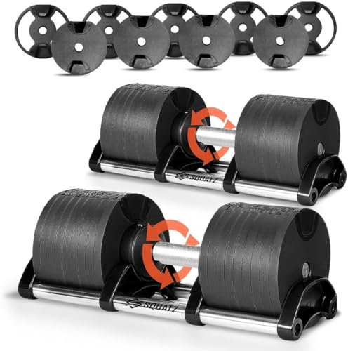 SQUATZ Adjustable Dumbbell Set, Pair of 70LB Anti-Slip Metal Handle, Replace 9 Dumbbells with 1, Quick Change Weight Adjustments with Twist Lock Technology, for Full Body Workout, Fitness and Weightlifting