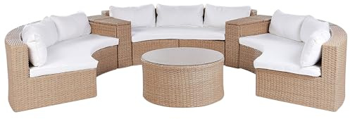 Beliani 9-Sitzer Lounge Set Rattan Sand beige rund mit Auflagen weiß Couchtisch Severo