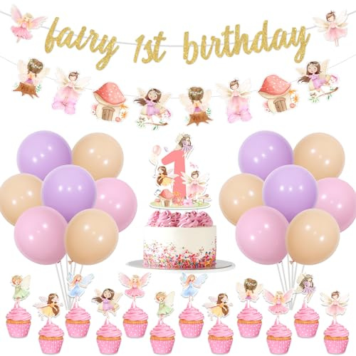 JOYMEMO Fairy 1st Birthday Party Decorations - 18 Pink, Purple & Beige 12 Inch Balloons, Fairy Banner, Garland, Cake Topper, 16 Cupcake Toppers, 2 White Ribbons (33ft) for Girl's 1st Birthday