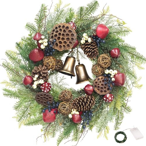 KI Store Pilze türkranz Natur Weihnachten beleuchtet groß 65cm Vintage Wald Forest kranze mit gloken Licht Kranz Winter weihnachtskranz mit Beleuchtung für weihnachtsdeko, stechpalme deko