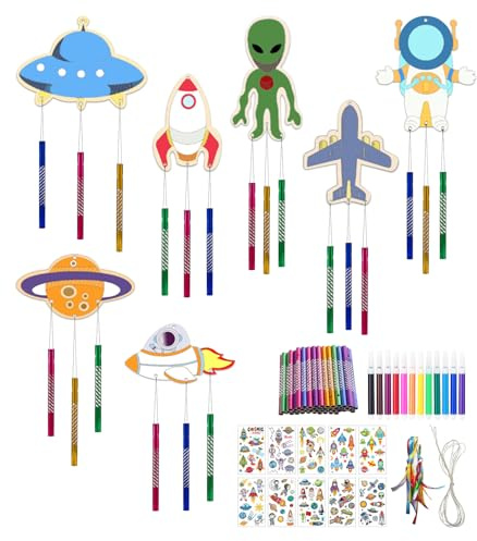 14P Thème de L'espace Jouet Garçon Kit de Peinture, Décoration en Bois avec Crayon Aquarelle, Ruban et Autocollants, Fêtes d'anniversaire et Artisanat Familial, Noël Cadeau pour Enfants