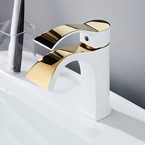 MRKU Waterfall Bathroom Sink Tap,Hot and Cold Water Bathroom Sink Taps,Brass,Single Handle Bathroom Taps Mixer Faucet,Platinum