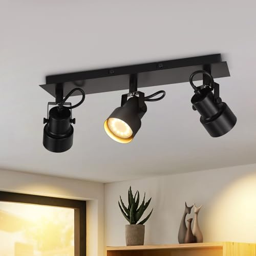 CBJKTX Deckenstrahler 3 Flammig Deckenspot Schwarz Vintage Deckenleuchte | Schwenkbar Industrial Deckenlampe GU10 350° Strahler Spots Küchenlampe für Wohnzimmer Küche Flur (Ohne Leuchtmittel)