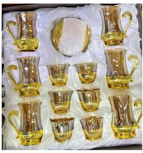 Stunning Turkish Arabic Tea Set - 12 Cups with Saucers, Gold Color Design, Glass Cups for Tea & Coffee, for Xmas, Ramadan, or Home Décor