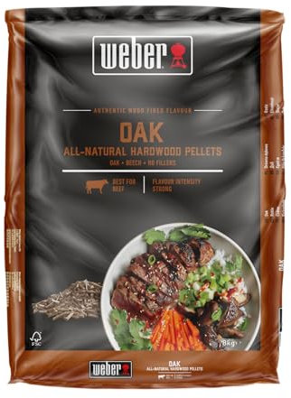Weber Pellet di legno di rovere/legno di rovere naturale per barbecue a pellet dal sapore delicato affumicato leggermente dolce, senza riempitivi, ideale per cottura bassa e lenta, sacco da 8 kg