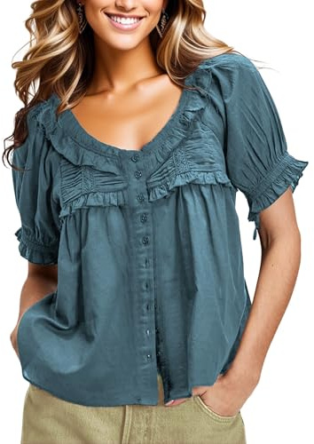 Freyhem Womens 2025 Summer Trendy Ruffled Top Shapeless Billowy Tunic Swing Blouse with Puff Sleeve(Bluegrey-S)