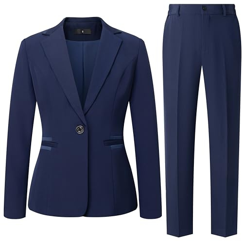 Women's 2 Piece Suit One Button Dressy Blazer Pants Suit Set Business Casual Outfits (US, Alpha, Large, Regular, Regular, Blue)