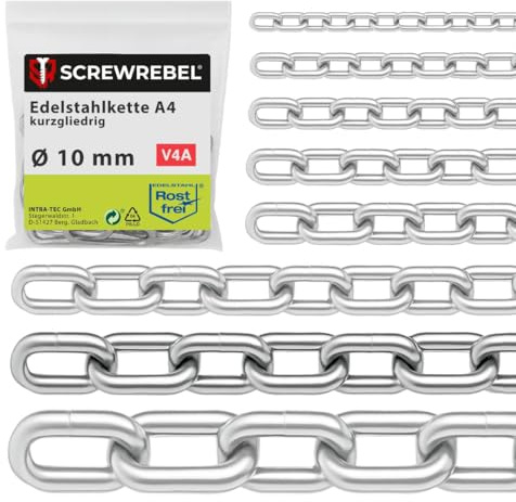 SCREW REBEL 10,0 mm starke Edelstahlkette A4 rostfrei, Ankerkette 5 m lang, kalibriert, Metallkette kurzgliedrig DIN 766, Stahlkette, Schiffskette V4A mit 5 Meter Länge