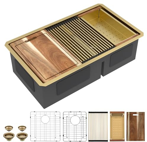 Fulorni 36x19 Undermount Double Bowl Kitchen Sink Workstation - Brushed Gold Nano-PVD, 16 Gauge 304 Stainless Steel, Under Counter Low Divide 60/40 Split Basin for Kitchen | Brushed Gold NANO-PVD, 16 Gauge T304 Stainless Steel, Under Counter Low Divide 60/40 Split Basin for Kitchen