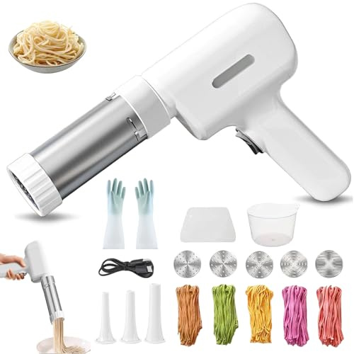 Idiyappam Maker Electric, Automatic Idiyappam Pasta Maker Machine, with 5 Interchangeable Molds, Press a Button to Get Fresh Noodles in Seconds, for Making Spaghetti, Linguine, Etc (White)