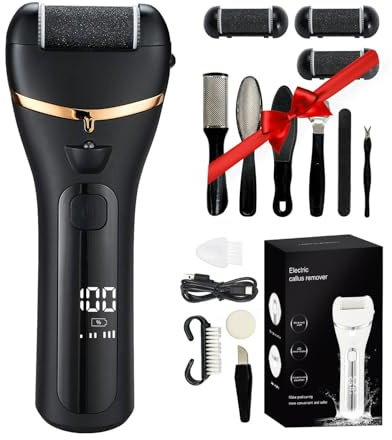 11 in 1 Electric Foot File,Rechargeable Waterproof Hard Skin Remover, 3 Speeds, Gentle and Strong Callus Removal, Foot Care Set with 3 Roller Heads, LED Display Visible Battery Level and Storage Bag