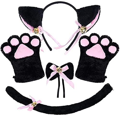 Générique Enyanko Herren-Handschuhe, Krawatte, Handschuhe, Ohren, 4-teilig, Schwanz, Cosplay, Schleife, Katze, Set, Stil, Zubehör (Schwarz, Einheitsgröße)
