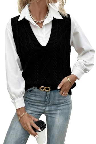 GOZINA Gilet a Collo a V Elegante per Donne,Nero-Gilet Maglione Senza Maniche per Donne,Bianco; Maglione a Maglia Stile Accademia,Moda Autunnale-Invernale (IT, Testo, L, XL, Regular, Regular, Nero)