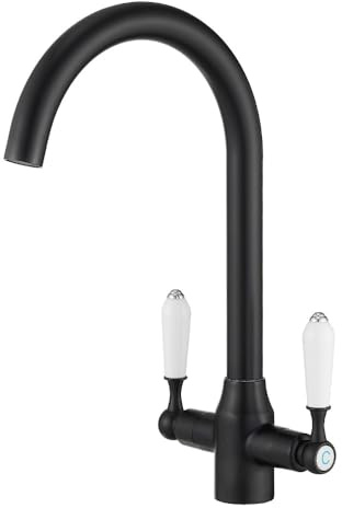 Heable Black Kitchen Sink Mixer Tap with White Ceramic Dual Lever Monobloc Victorian Style Kitchen Taps 1 Hole Elegant Swivel Mono Traditional Sink Faucet with Flexible Hoses