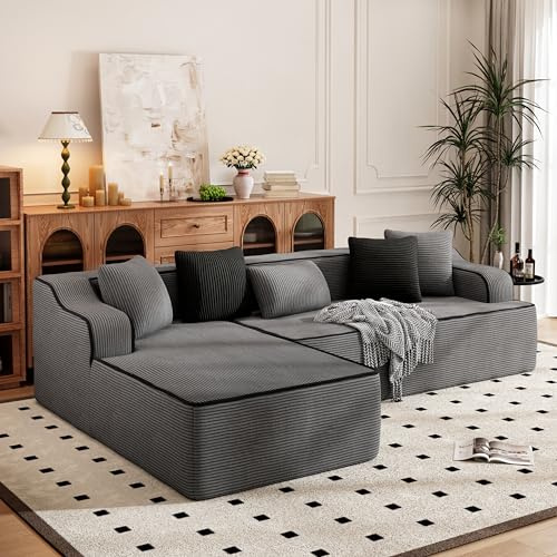PHI VILLA Ecksofa mit Schlaffunktion Cloud Boneless Couch, 3 Sitzer L Form Modulares Sofa Wohnzimmer Cord Keine Montage Grau
