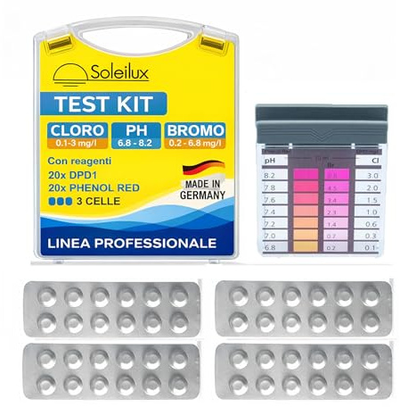 SOLEILUX Pool Test Kit di Misurazione in Valigetta per PH/Cloro Libero/Bromo (dpd) - 40 Compresse di Prova Rapide, Pool Tester Manuale dell'Acqua, Scatola di Conservazione - Made in Germany