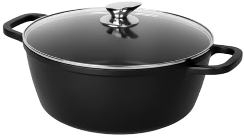 Die-cast Aluminium Induction Stock Pot 32cm with Glass Lid & Steam Vent Casserole Pot Oven-Safe (Without Lid) Non Stick Cooking Pot for Soups Pasta Stews (Black, 9.3L Stockpot)