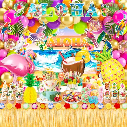 139 Stück Hawaii Party Deko Set,Hawaii Deko Party mit Ballon Hawaii Luau Tischröcke Banner Kuchendeckel Ananas Honigwaben für Aloha Tropische Sommer Deko