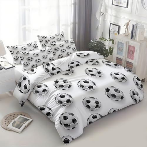 XCQHZYQ Copripiumino Matrimoniale 200x200 cm, Bianco Set di Biancheria da Letto Morbido, Sport Tema Calcio Set Copripiumino Reversibile per Bambini Ragazzi e Adulti