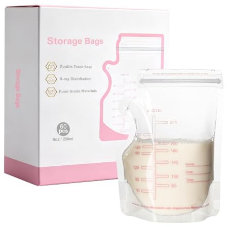 Breastmilk Storage Bags 60 Count 250ml Disposable Milk Storage Bag with Pour Spout Self-Standing Bag for Breastfeeding Leakproof Fast Freeze BPA Free
