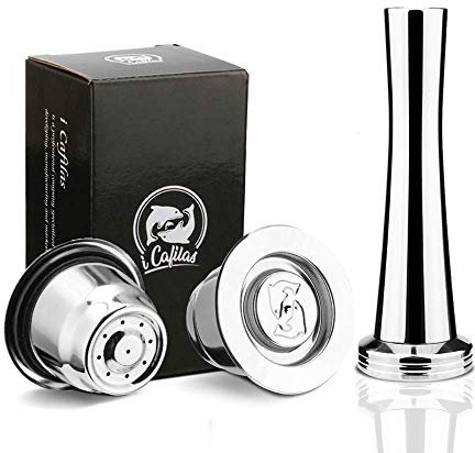 i Cafilas Espresso Lot de 2 capsules à café compatibles Nepresso Capsule, rechargeables, réutilisables filtre en acier inoxydable, capsules à café + tamper + cuillère + brosse