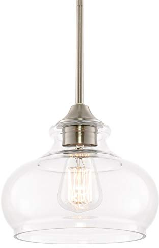 Kira Home Harlow 9 Modern Schoolhouse Pendant Light with Clear Glass Shade, Industrial Farmhouse Silver Hanging Light with Schoolhouse Glass, Brushed Nickel Finish