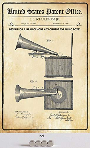 Blechschild 20x30cm gewölbt incl. 4 Magneten Patent Grammophon Aufsatz Spieluhren 1904 Deko Geschenk Schild