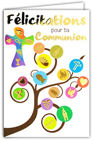 68-1203 Carte avec Enveloppe Félicitations pour ta COMMUNION Symboles en Or Doré Brillant Croix Catholique épis Blé Pain Ostie Grappe Raisin Vin Coupe église Bougie Fête Printemps
