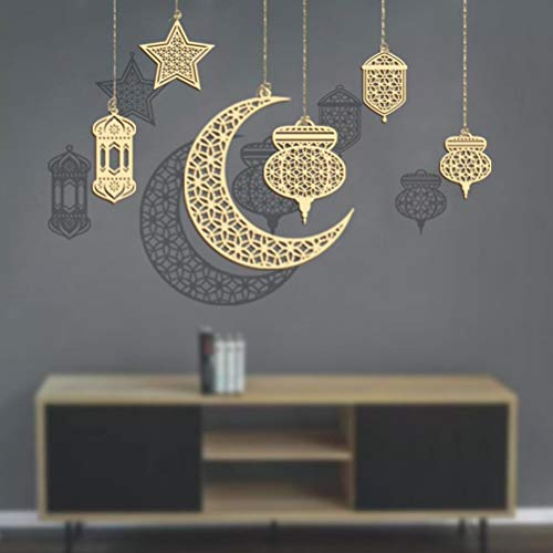 Holz Anhänger Ornament 6 Stück Ramadan Kareem Dekoration, Halbmond Sterne Stil Licht Form Ramadan Eid Mubarak Dekorationen