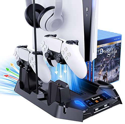 Benazcap PS5 Standfuß mit Lüfter, PS5 Zubehör für PlayStation 5 Konsole mit Dual Controller Ladestation, PS5 Ständer mit Headset Halterung und 8 Spiele Slots - Schwarz