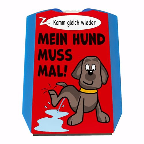 speecheese Hund muss mal! Parkscheibe in rot mit 2 Einkaufswagenchips mit pinkelndem Hund sowie Eiskratzer und Wasserabstreifer als lustiges Geschenk für Hundebesitzer