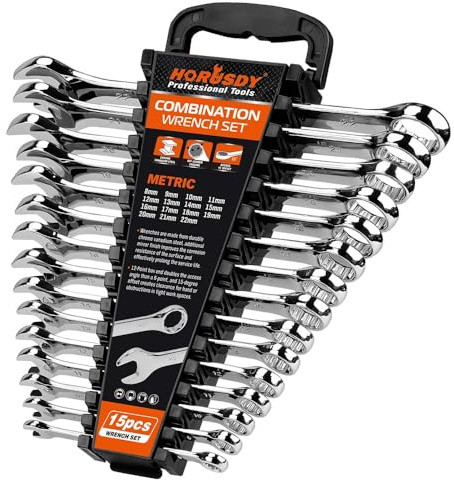 HORUSDY 15-Piece Metric Wrench Sets, Premium Combination Wrench Set Metric 8-22mm, Max Torque, 12-Point, Chrome Vanadium Steel, with Storage Rack