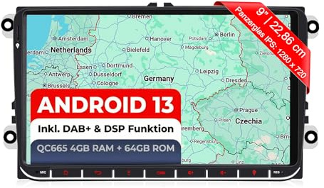 M.I.C. AV9V2 Android 13 Autoradio mit Navigation: Snapdragon 665, 4GB+64GB, 9 Zoll IPS Display, SIM, Wireless Apple CarPlay & Android Auto, DAB+, CANBUS, GPS – für VW/ŠKODA/SEAT (RNS/RCD Ersatz)
